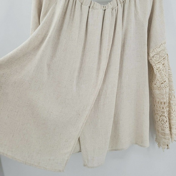 Chrysanthemum Women's M Tan Bell Sleeve Crochet Bell Sleeve Top Slouchy Linen - Picture 5 of 10